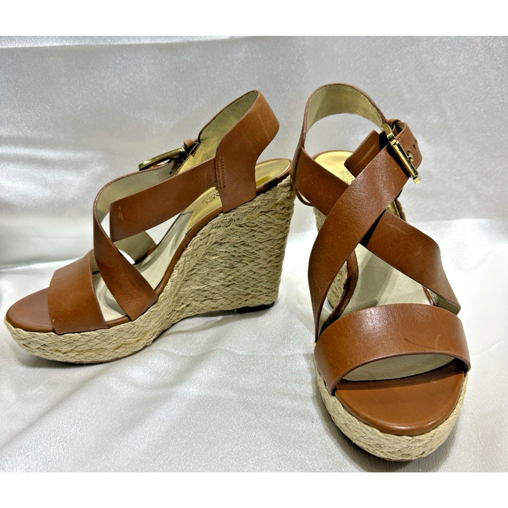 Michael Kors Brown Leather Espadrille Wedge Sandals Women’s Size 6.5M Ankle Stra